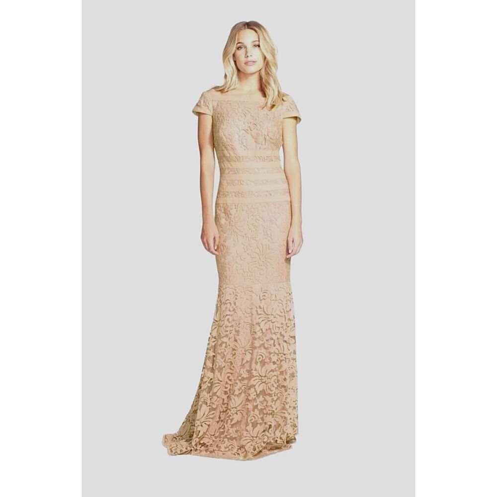 TADASHI SHOJI Blush Nude Textured Lace Bateau-Neckline Cap Sleeve Gown *NEW*